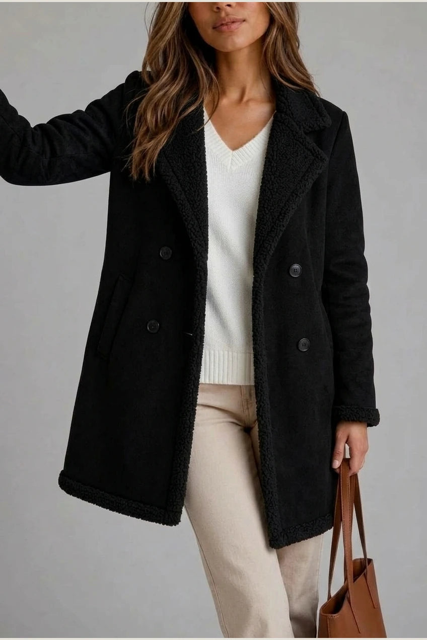 Women’s Suede Look Shearling Coat – Longline Teddy Trim Jacket — variant_front