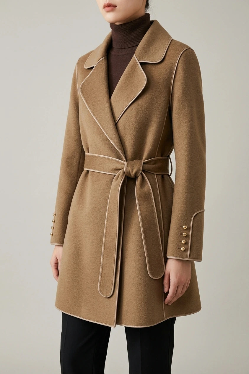 Refined Wool Coat with Contrast Trim and Self-Tie Belt — variant_front