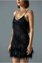Sophie | Women's Sequin Fringe Feather Trim Cocktail Dress — variant_front