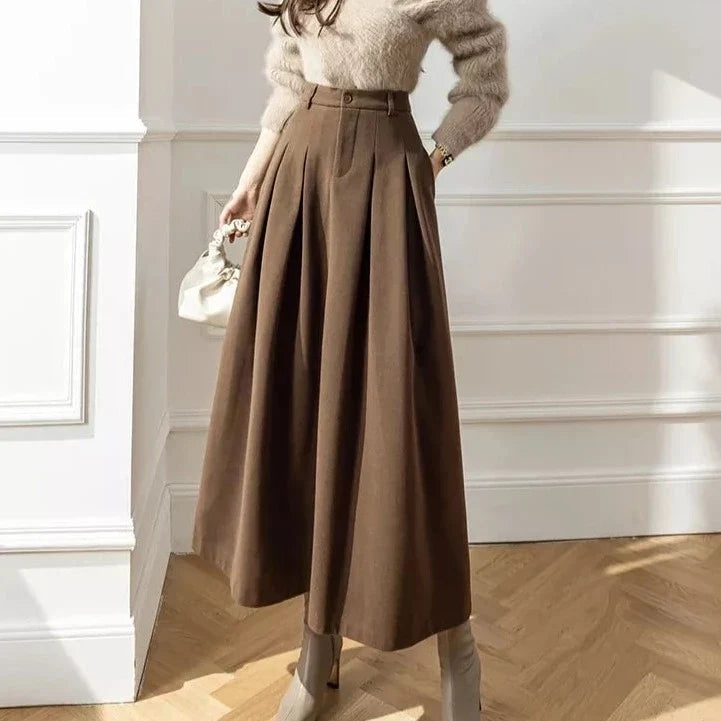 High Waist Pleated A-Line Midi Skirt, Structured High-Rise — variant_front