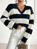 Striped Cable Knit Sweater with V-Neckline and Ribbed Cuffs — variant_front