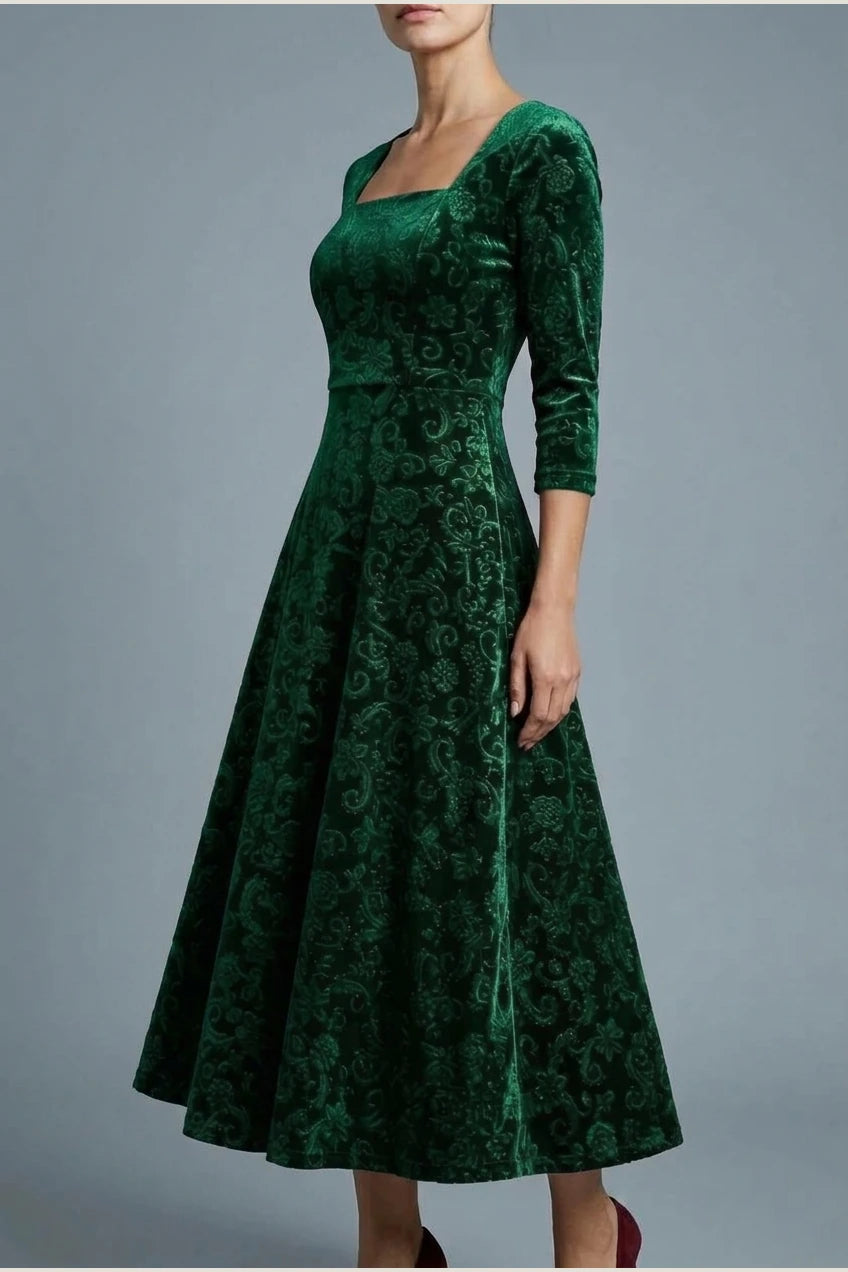 Scarlett | Women's Square Neck Velvet Floral Embossed Party Dress — variant_front