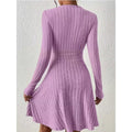 Ribbed Knit Wrap Front Mini Dress with V-Neckline and Long Sleeves — variant_front
