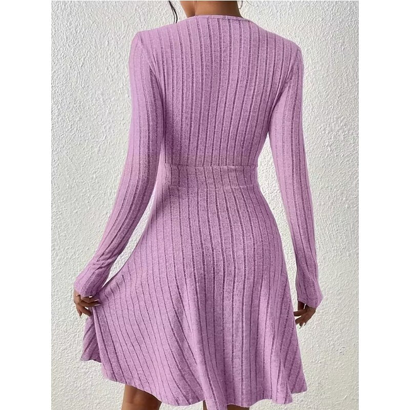 Ribbed Knit Wrap Front Mini Dress with V-Neckline and Long Sleeves — variant_front