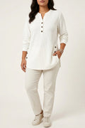 Plus-size Ribbed Long Sleeve Top – Semi-open Neckline Tunic