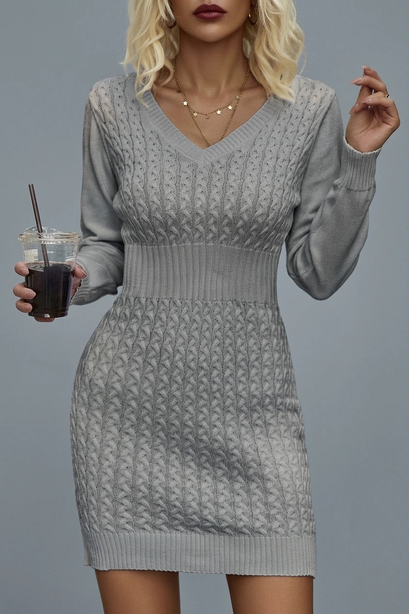 Women's Cable Knit V-Neck Jumper Dress Long Sleeve — variant_front