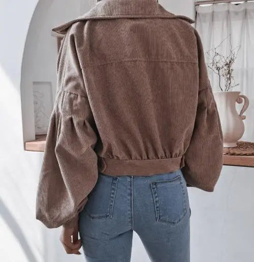 Retro Cropped Corduroy Jacket with Elasticated Hem and Chest Pockets — variant_front