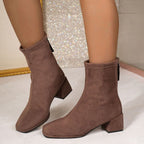 Suede Heeled Ankle Boots with Square Toe and Block Heel — variant_front