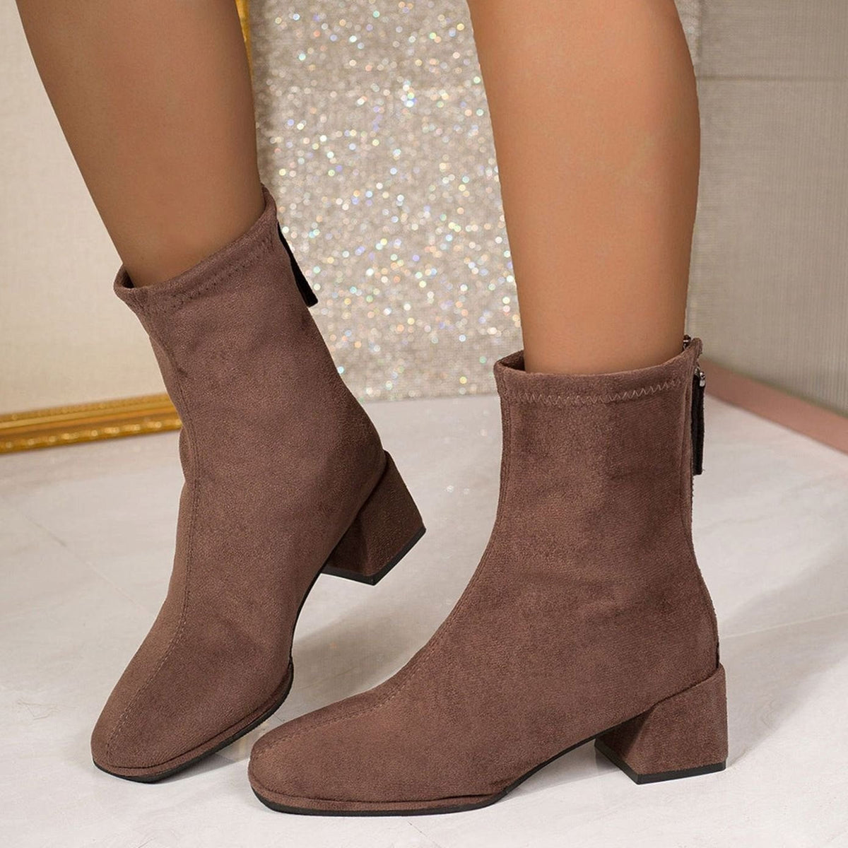 Suede Heeled Ankle Boots with Square Toe and Block Heel — variant_front