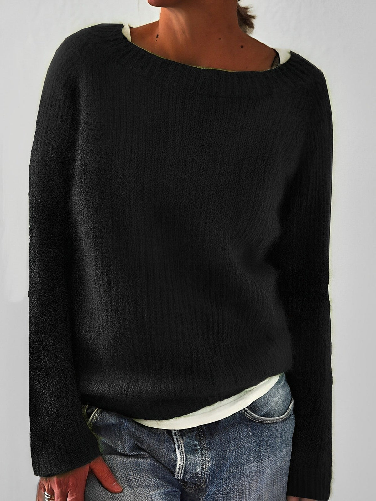 Fluffy Knit Sweater with Wide Round Neckline — variant_front