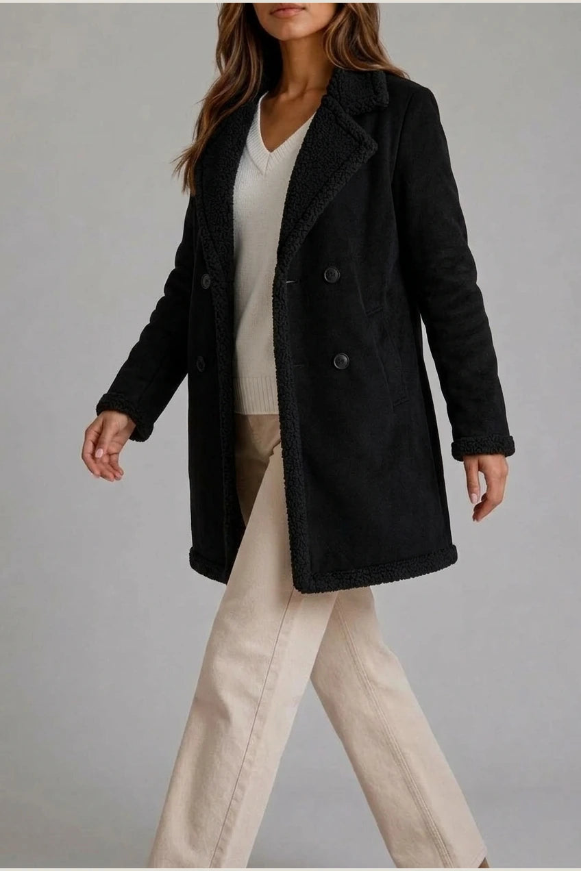 Women’s Suede Look Shearling Coat – Longline Teddy Trim Jacket — variant_front
