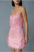 Sophie | Women's Sequin Fringe Feather Trim Cocktail Dress — variant_front