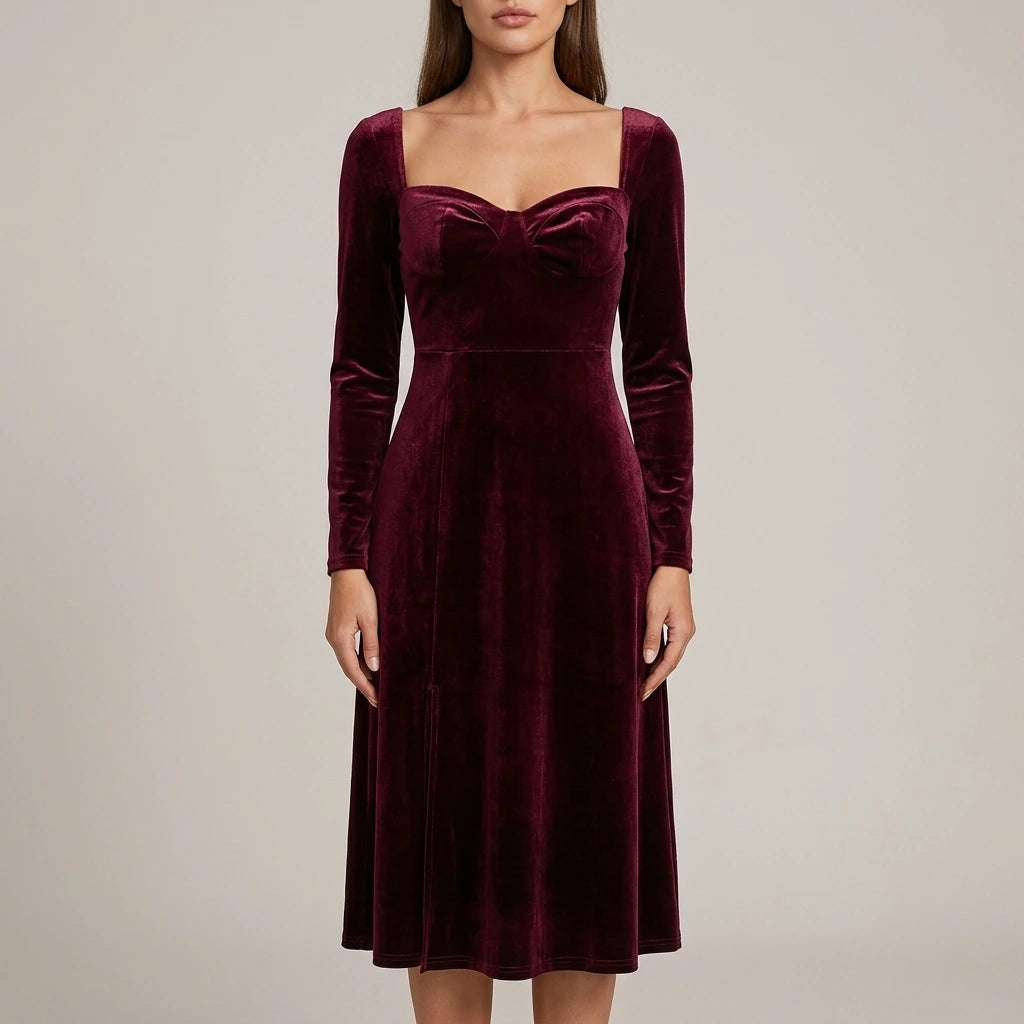 Velvet Autumn Wedding Guest A-Line Midi Dress with Long Sleeves for Women — velvet-autumn-wedding-guest-a-line-midi-dress-with-long-sleeves-for-women_wearing_product_focus_06.webp