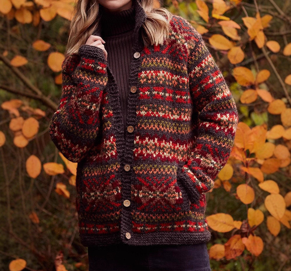 Retro Fair Isle Chunky Knit Cardigan with V-Neckline — variant_front