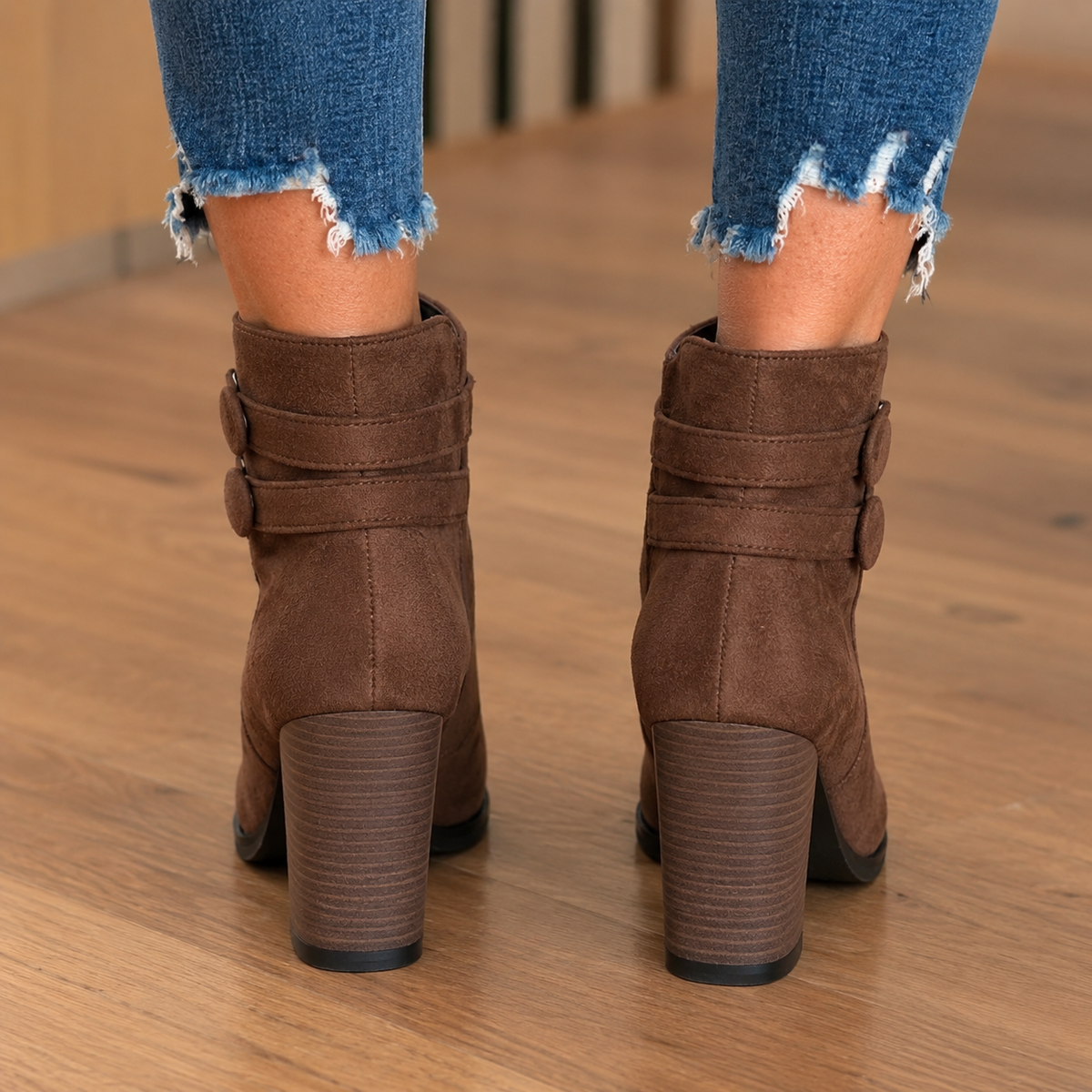 Suede Heeled Ankle Boots with Double Buckle Strap Detail — variant_front