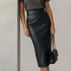 Women's High Waisted Faux Leather Midi Skirt - Palomine — variant_front