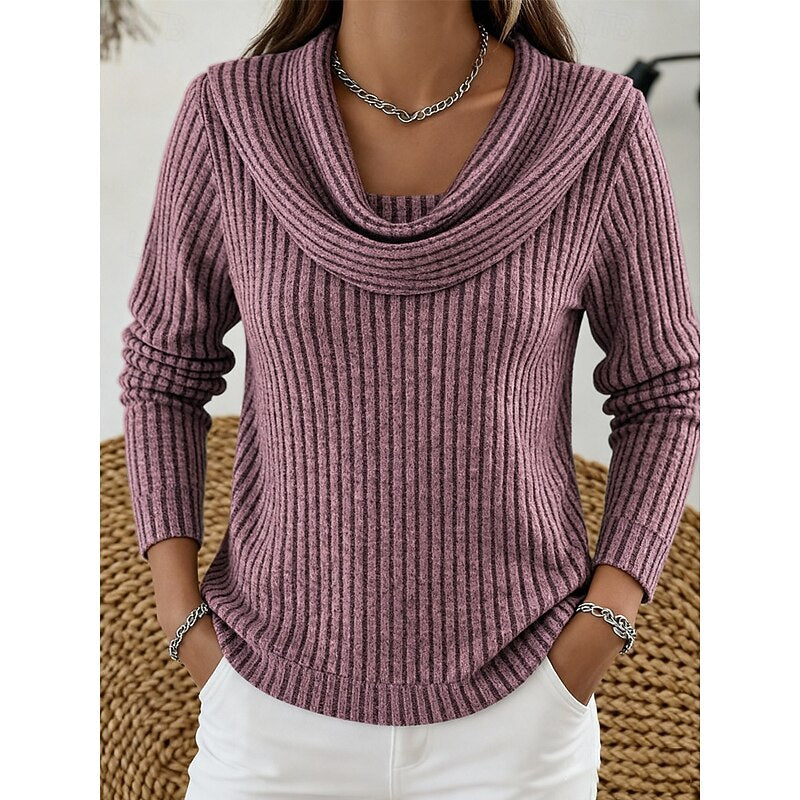 Ribbed Knit Sweater with Cowl Neck and Long Sleeves — variant_front