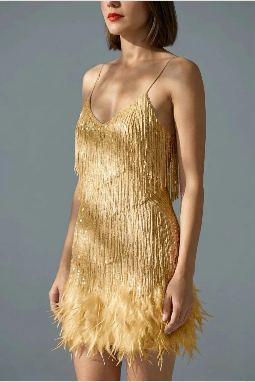 Sophie | Women's Sequin Fringe Feather Trim Cocktail Dress — variant_front