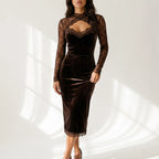 Women’s Velvet Lace Midi Dress – Long Sleeve Cut-Out Evening Dress — variant_front