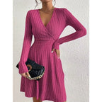 Ribbed Knit Wrap Front Mini Dress with V-Neckline and Long Sleeves — variant_front