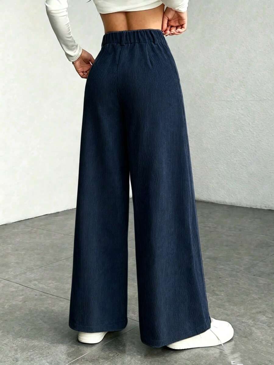 High Waist Wide Leg Corduroy Trousers with Flap Pockets — variant_front