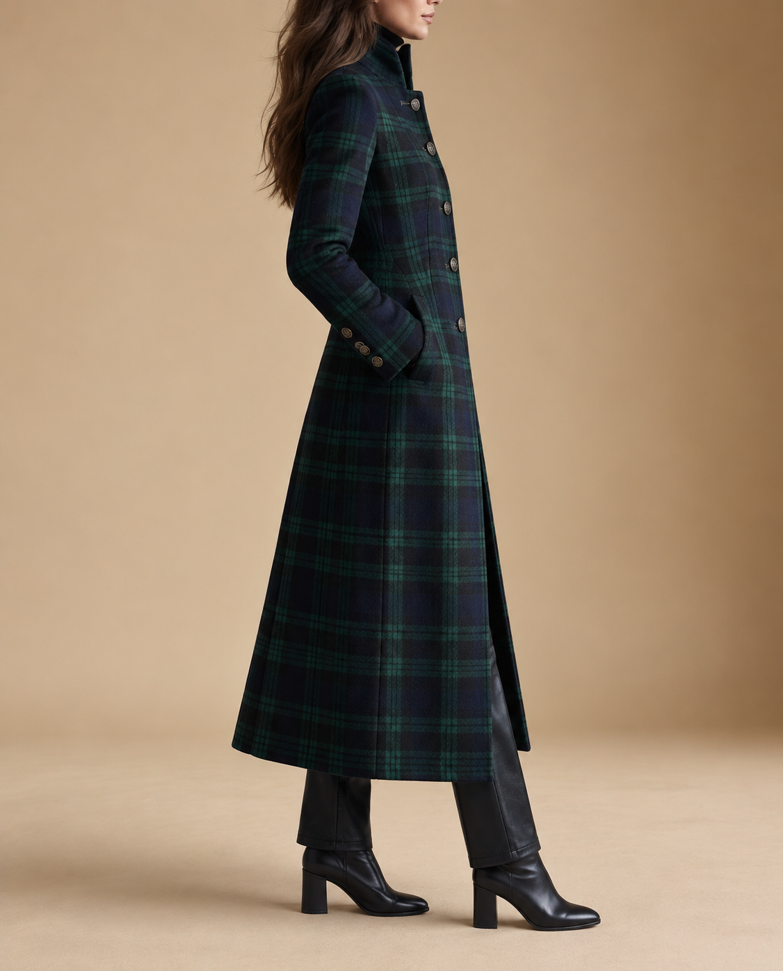 Plaid Wool Coat with Stand Collar and Gold Buttons, Fitted — variant_front