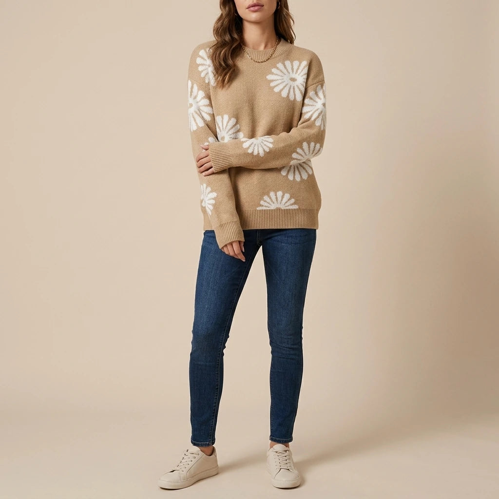 Evelyn | Women's Relaxed-Fit Floral Intarsia Knit Crew-Neck Jumper — variant_front