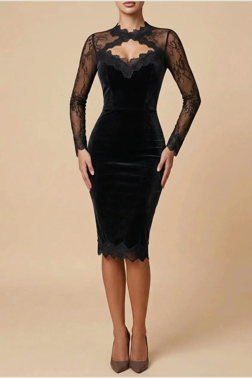Velvet Midi Dress with Lace Inserts for Women — variant_front