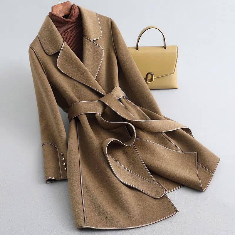 Refined Wool Coat with Contrast Trim and Self-Tie Belt