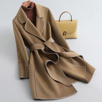 Refined Wool Coat with Contrast Trim and Self-Tie Belt