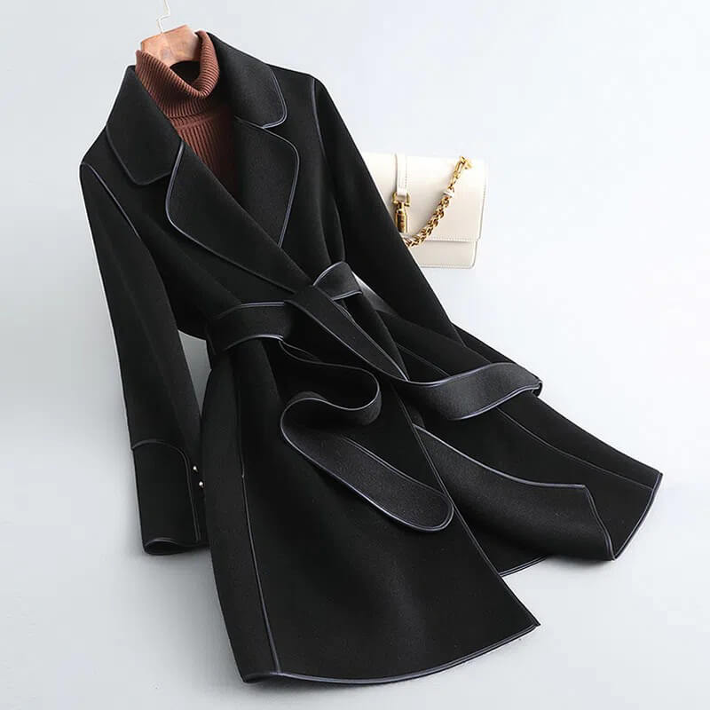 Refined Wool Coat with Contrast Trim and Self-Tie Belt