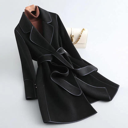 Refined Wool Coat with Contrast Trim and Self-Tie Belt