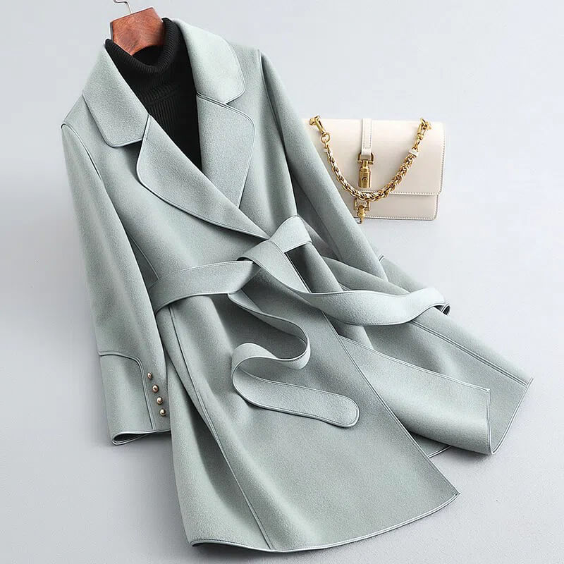 Refined Wool Coat with Contrast Trim and Self-Tie Belt