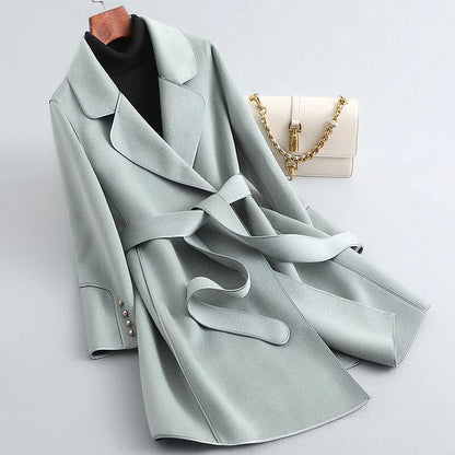 Refined Wool Coat with Contrast Trim and Self-Tie Belt