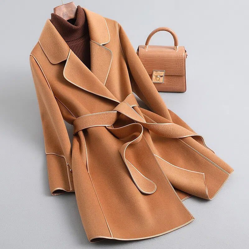 Refined Wool Coat with Contrast Trim and Self-Tie Belt