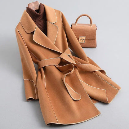 Refined Wool Coat with Contrast Trim and Self-Tie Belt