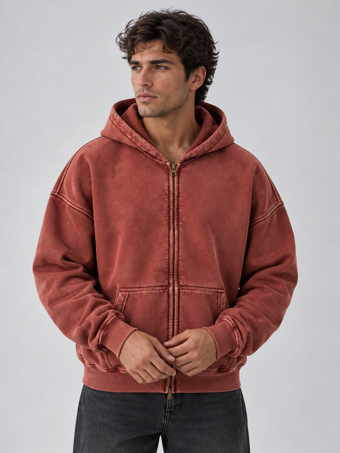 Men’s Oversized Full Zip Hoodie – Washed Hooded Jacket