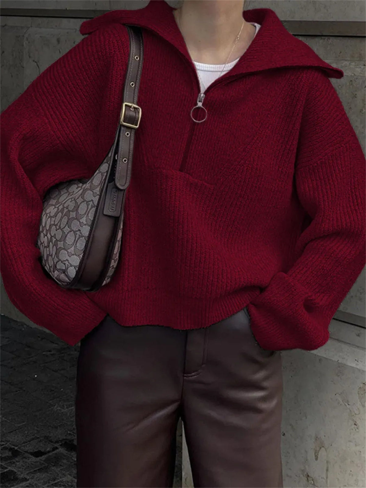 Oversized Half Zip Knit Sweater with Wide Collar