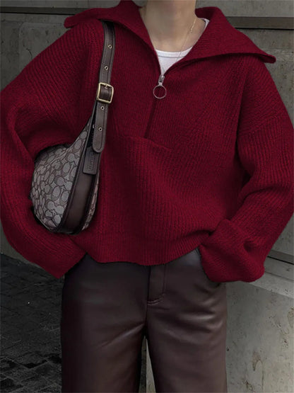 Oversized Half Zip Knit Sweater with Wide Collar