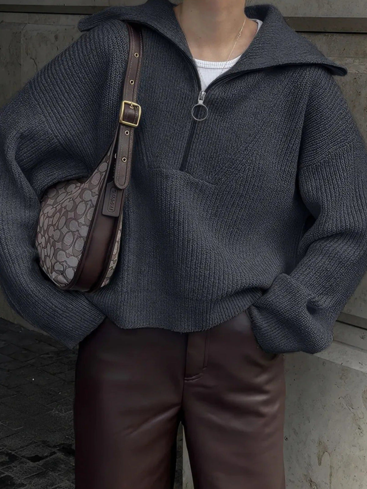 Oversized Half Zip Knit Sweater with Wide Collar