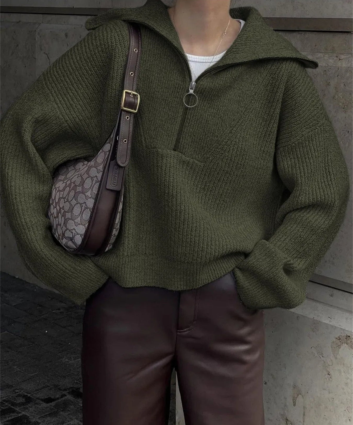 Oversized Half Zip Knit Sweater with Wide Collar