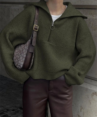 Oversized Half Zip Knit Sweater with Wide Collar