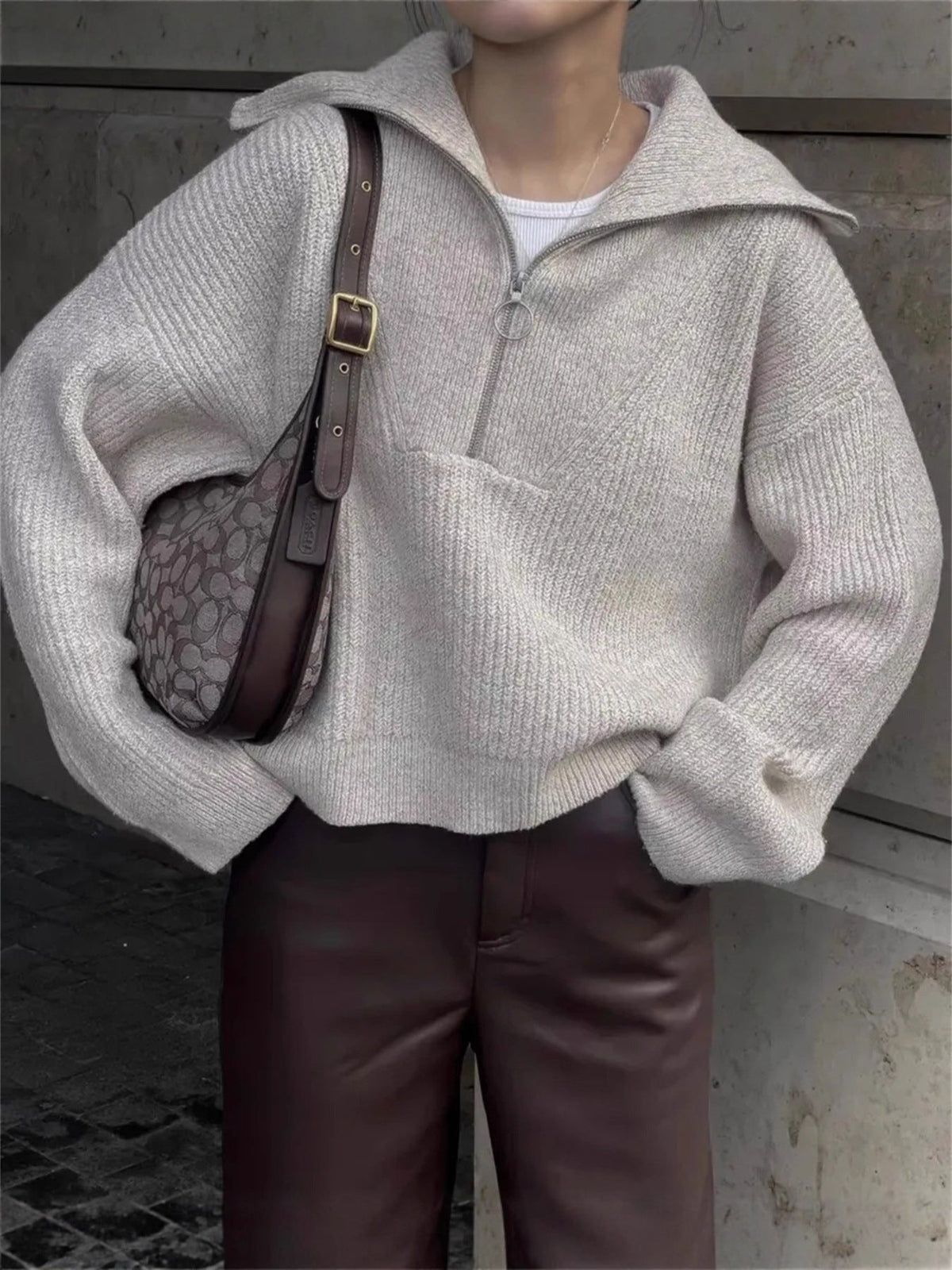 Oversized Half Zip Knit Sweater with Wide Collar