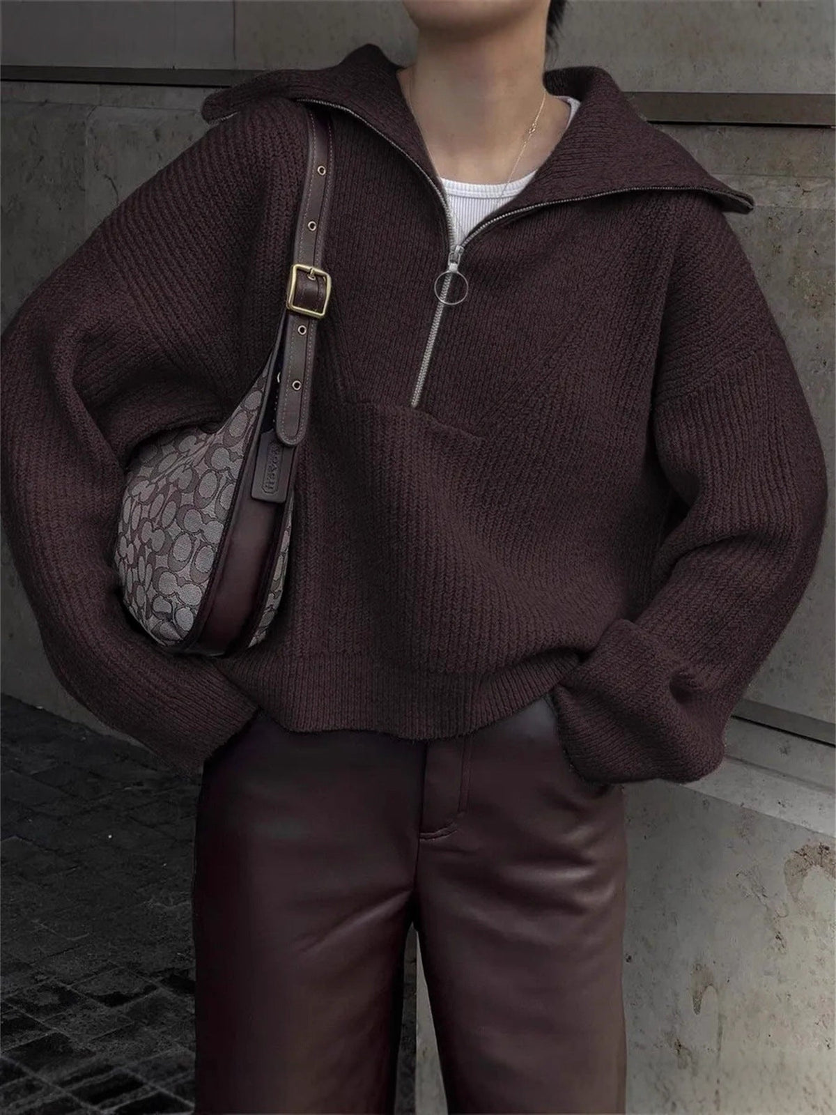 Oversized Half Zip Knit Sweater with Wide Collar