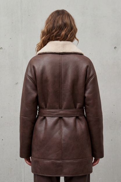 Oversized Leather Coat with Sherpa Lining and Tie Belt