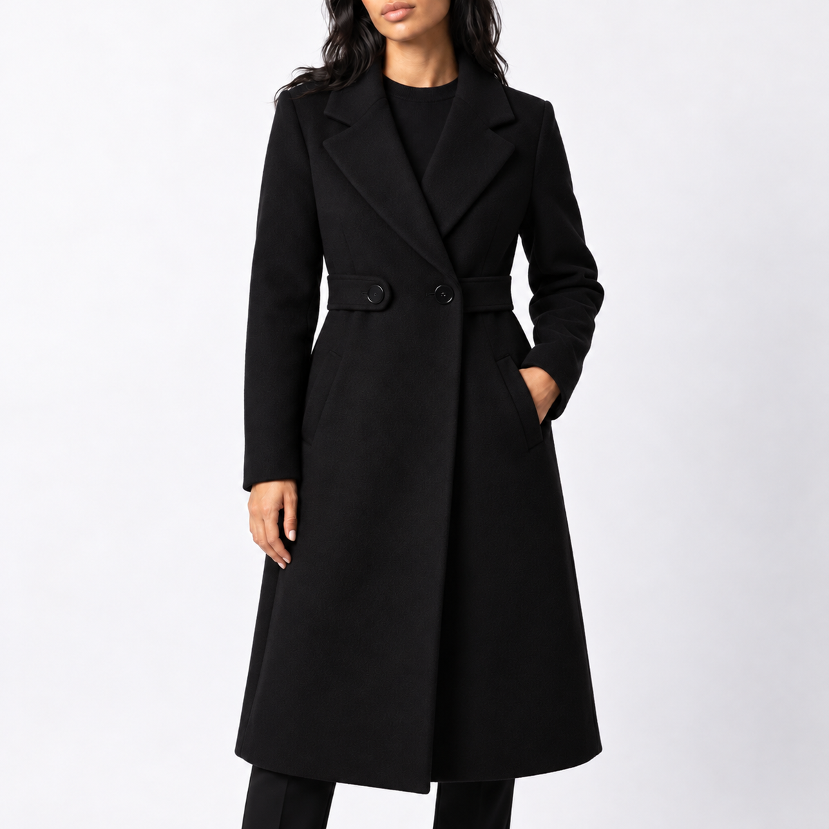 Women’s Long Belted Wool Winter Coat with Wide Lapels and Side Pockets — variant_front