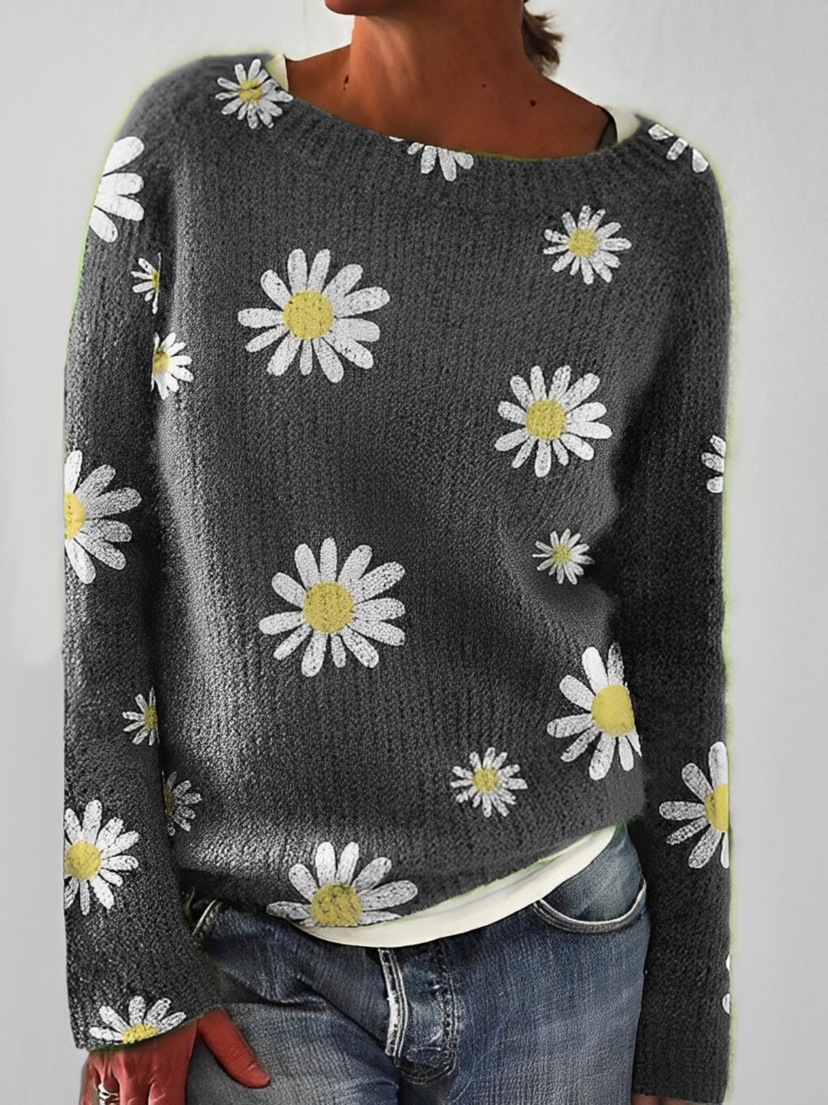 Fluffy Knit Sweater with Wide Round Neckline — variant_front