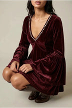 Mini Dress Women - Velvet Mini Dress with V-Neckline — variant_front