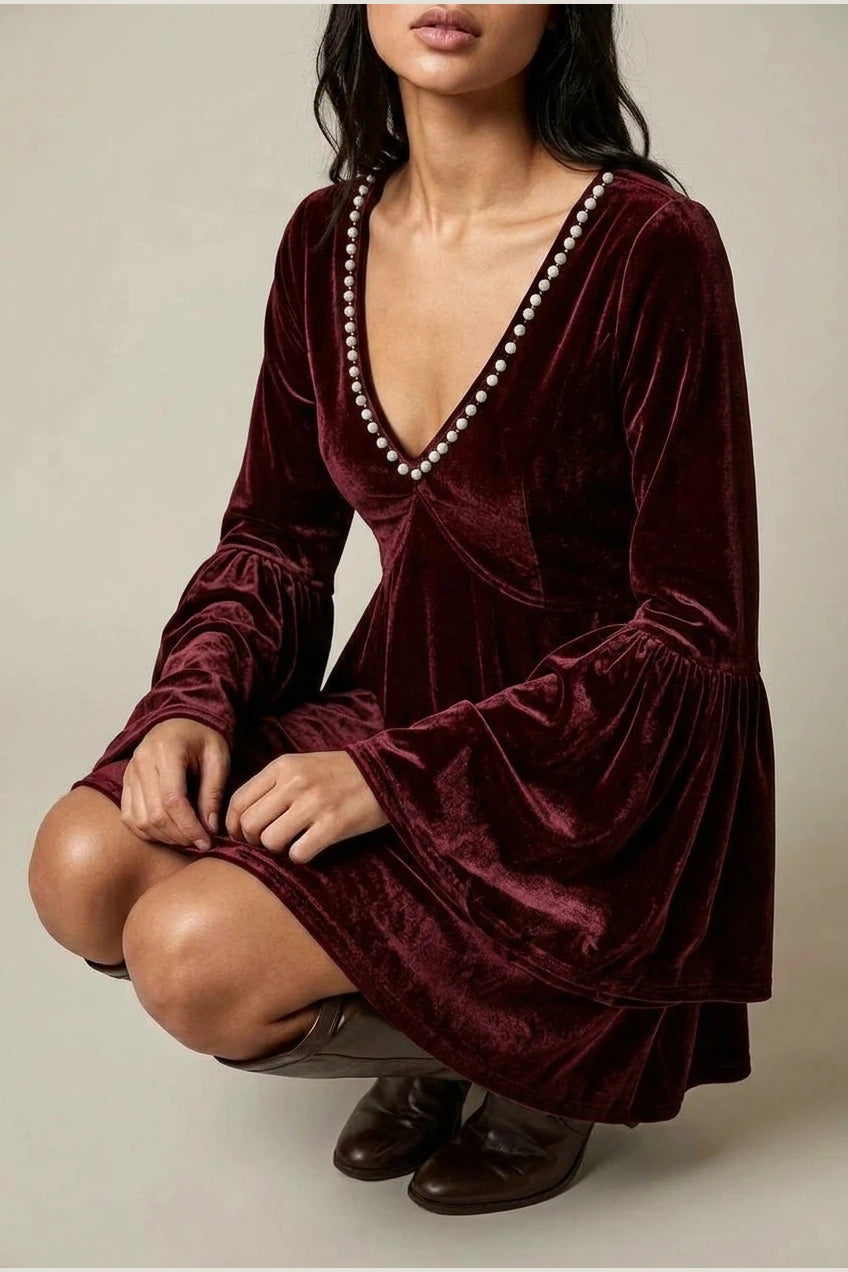 Mini Dress Women - Velvet Mini Dress with V-Neckline — variant_front