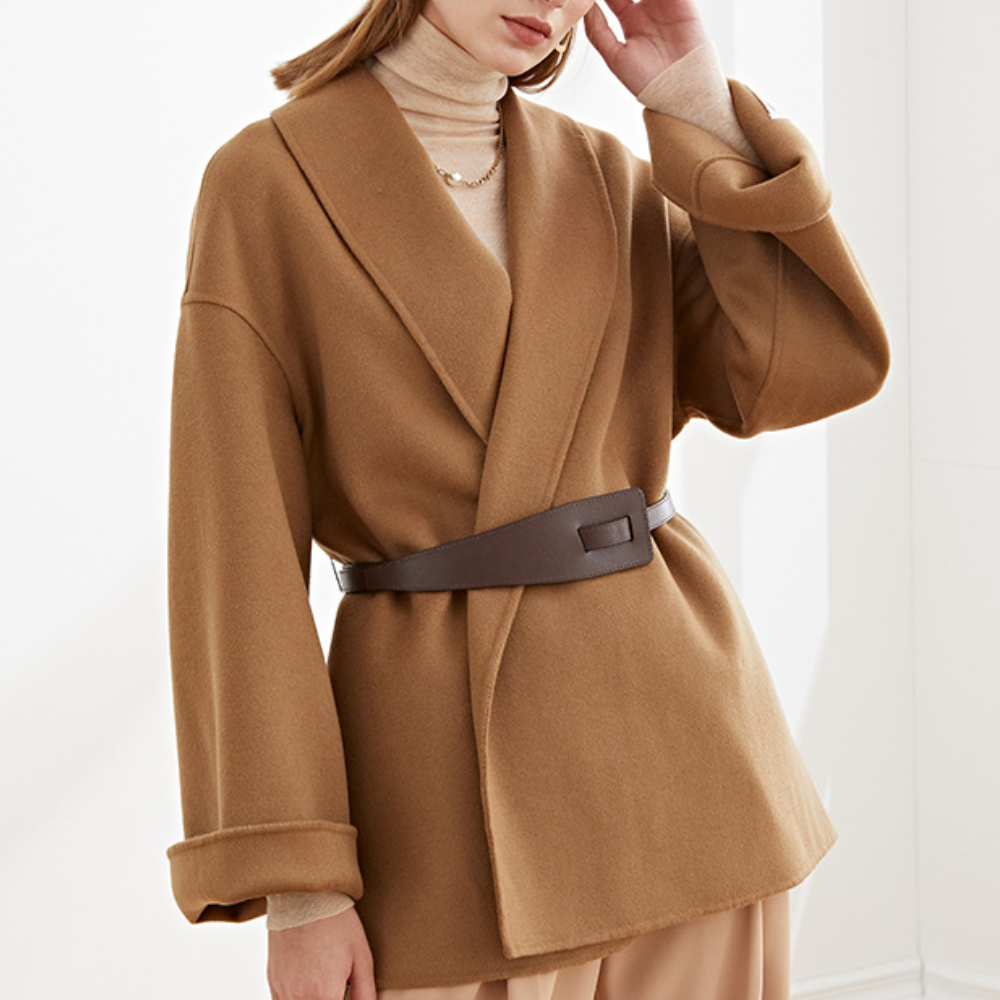 Women's Belted Coat with Wide Lapel Collar — variant_front